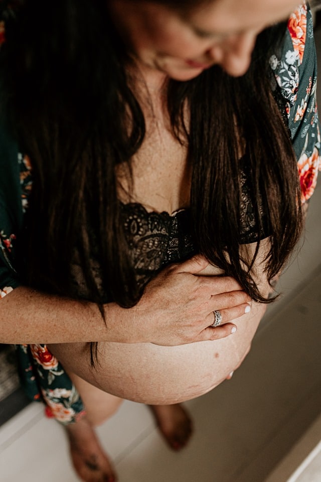 Maine maternity Breezy Photography pregnant boho bohemian lifestyle boudoir photo shoot black bra sweater