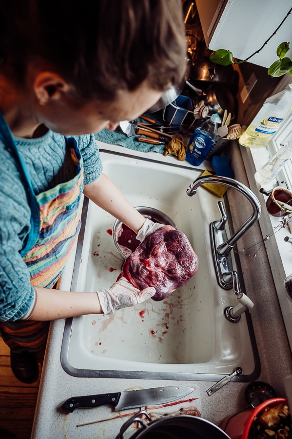 Rinsing drained placenta