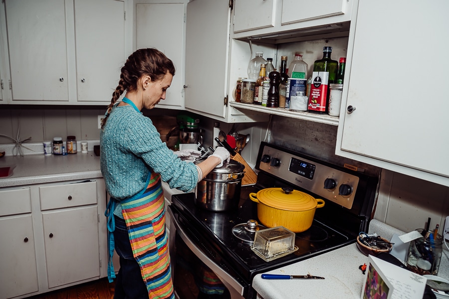 Woman cooking placenta on stove