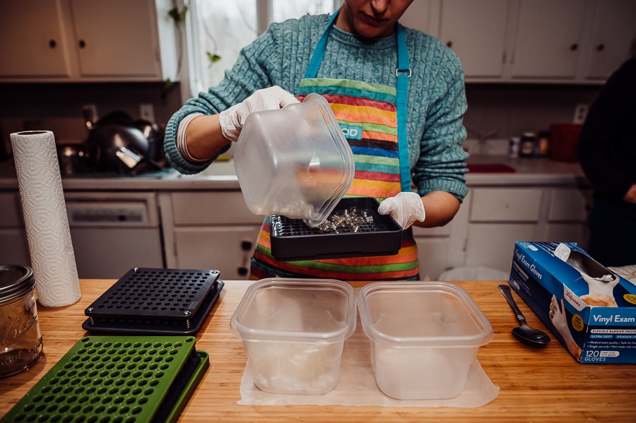 Woman putting half capsules in tray