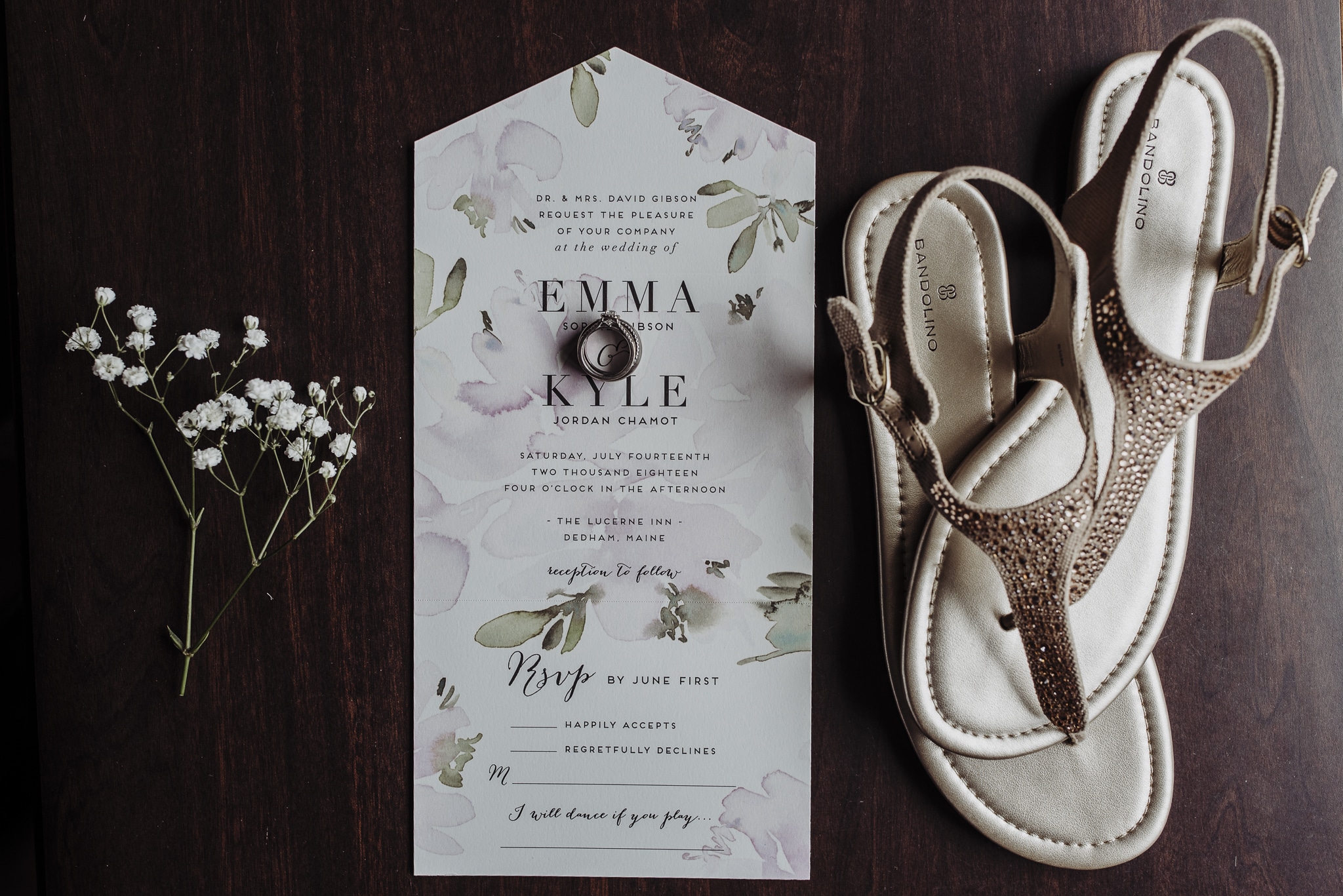 Flowers, invitations and shoes wedding photography in dedham