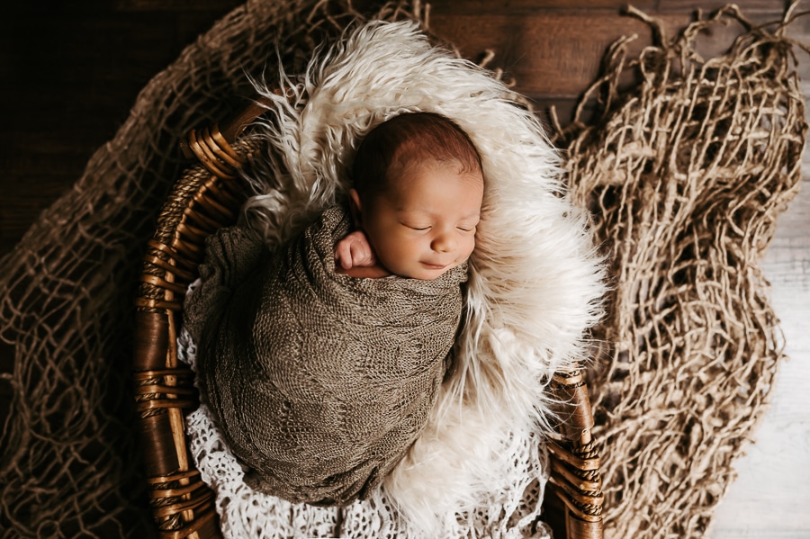 Newborn baby wrapped in basket and furr