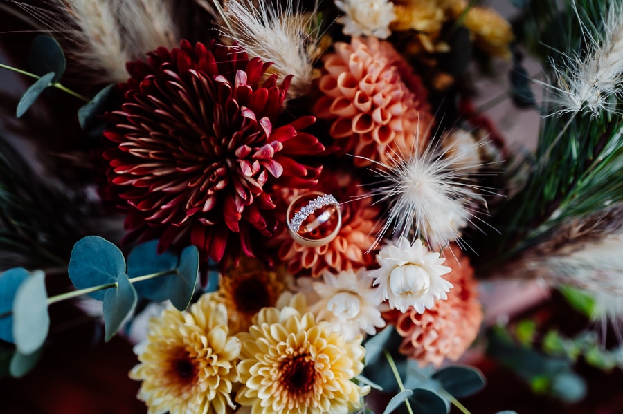 Wedding rings on flower in bridal bouquet