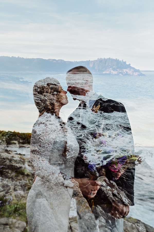 Double exposure of bride and groom with ocean cliffs